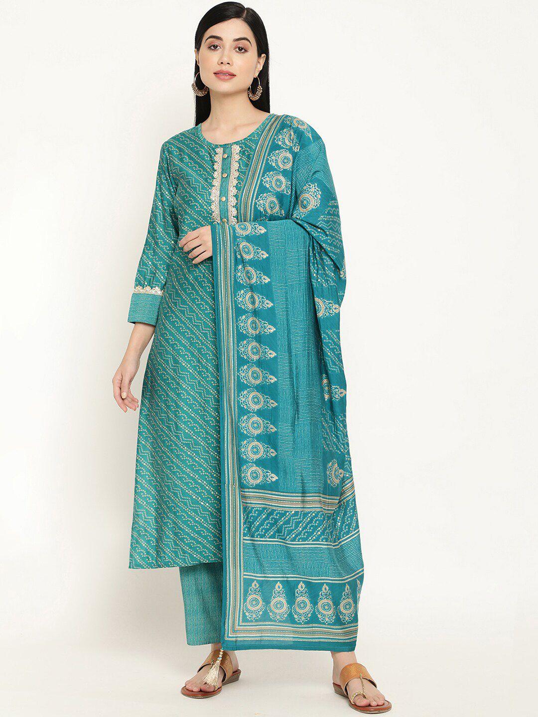 be indi women turquoise blue bandhani printed chanderi silk kurta with trousers & with dupatta