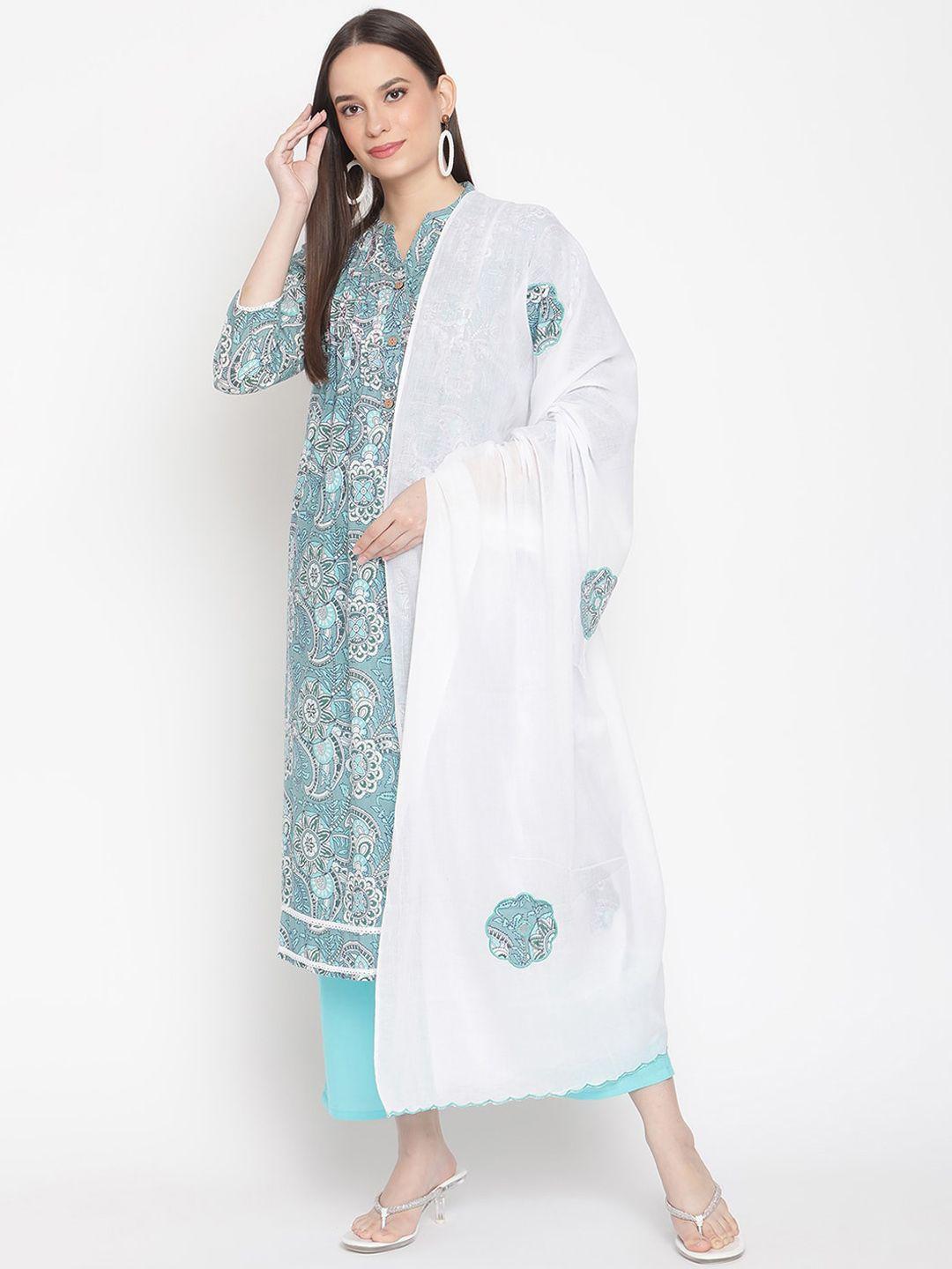 be indi women turquoise blue floral printed regular patchwork pure cotton kurta with trousers & with dupatta