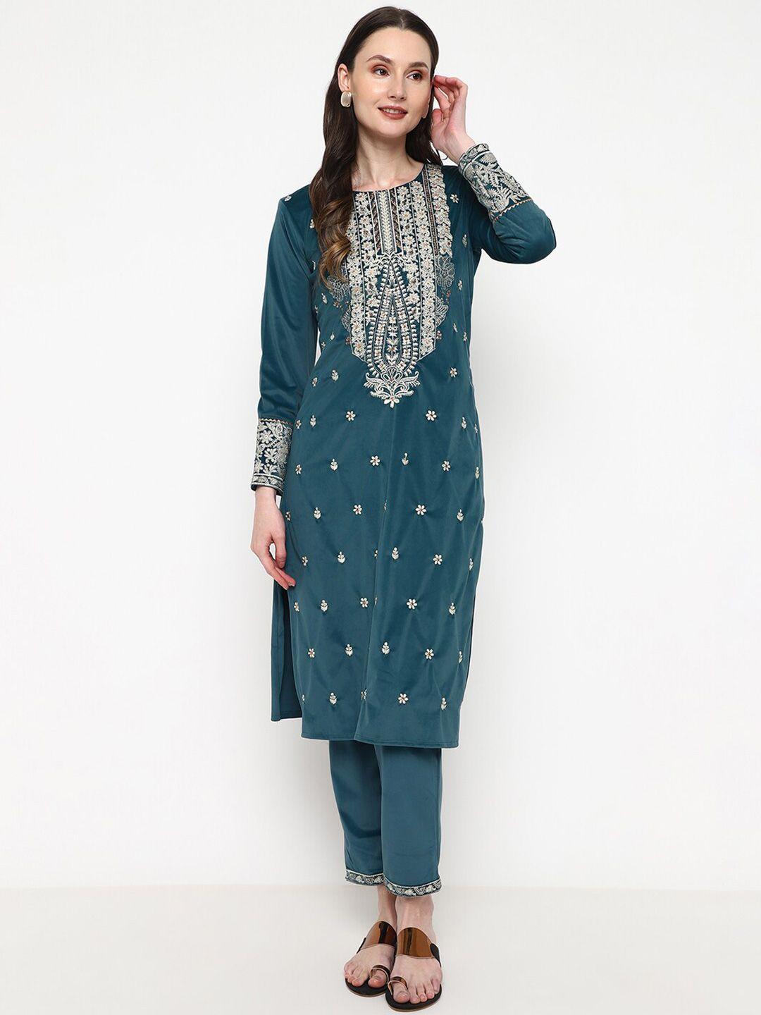 be indi women turquoise blue printed regular thread work kurta with trousers