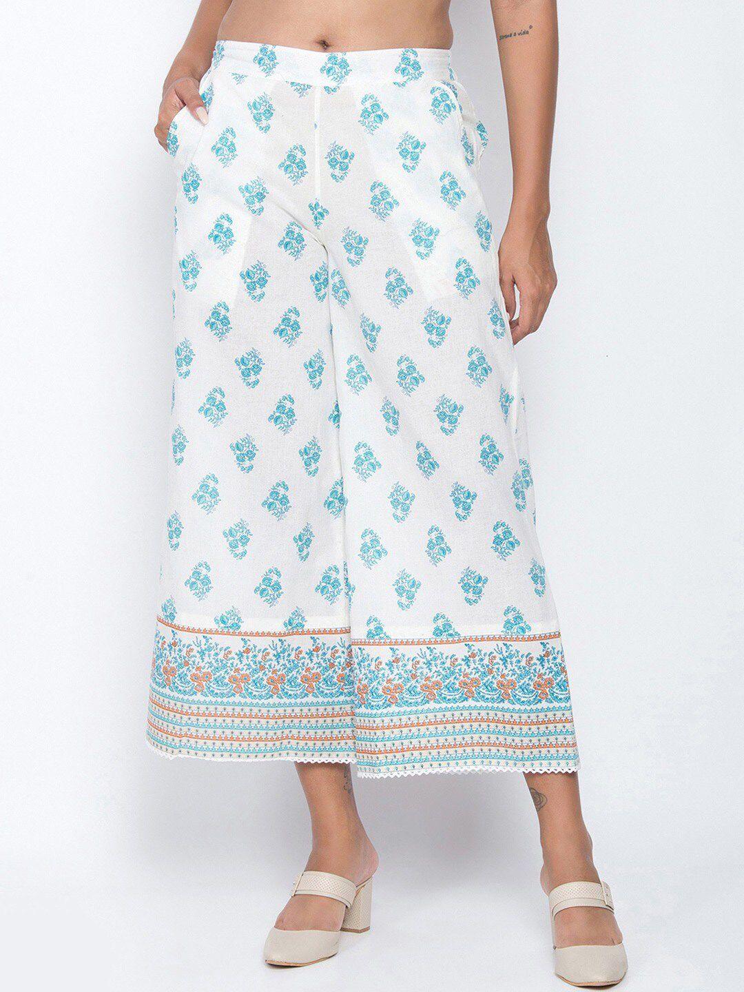 be indi women white & blue floral printed ethnic palazzos