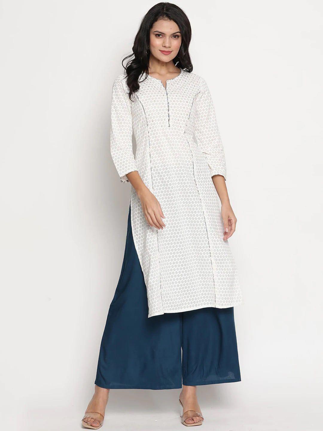 be indi women white printed anarkali cotton kurta