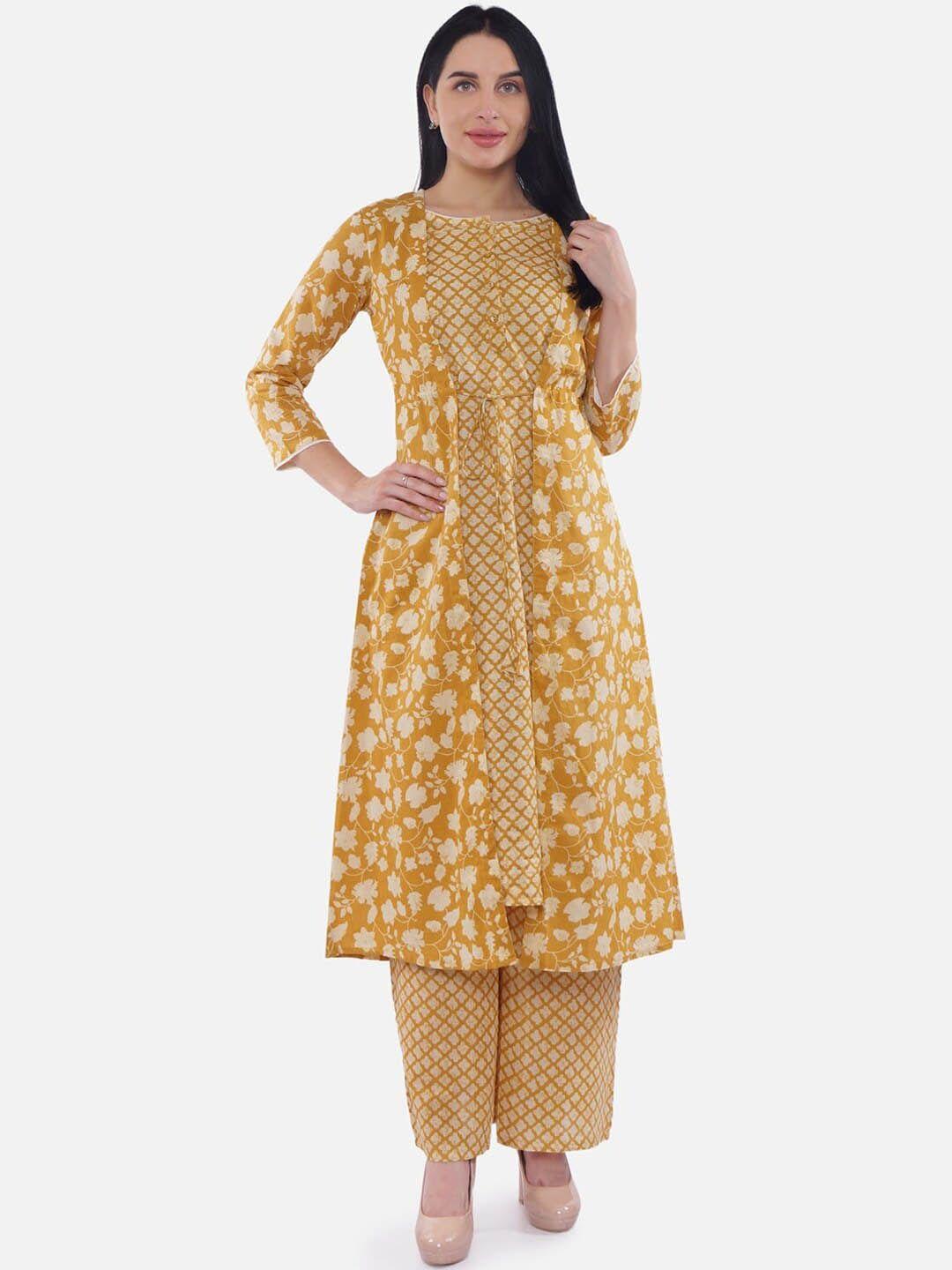 be indi women yellow & beige floral printed layered pure cotton kurta with palazzos