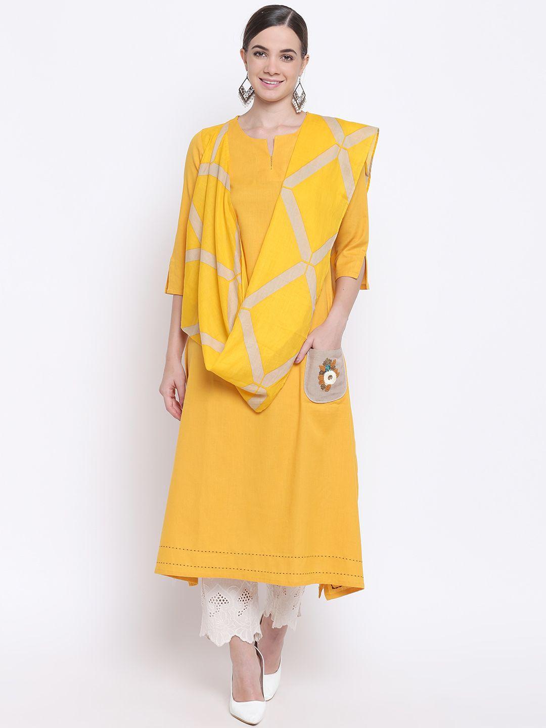 be indi women yellow & beige solid a-line kurta with dupatta