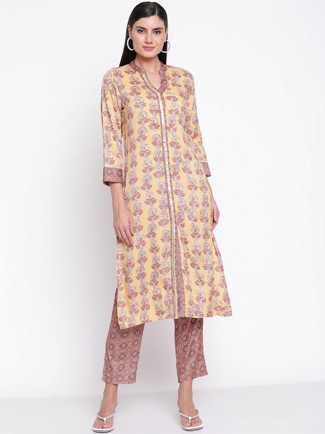 be indi women yellow & brown printed mirror work straight kurta with trousers