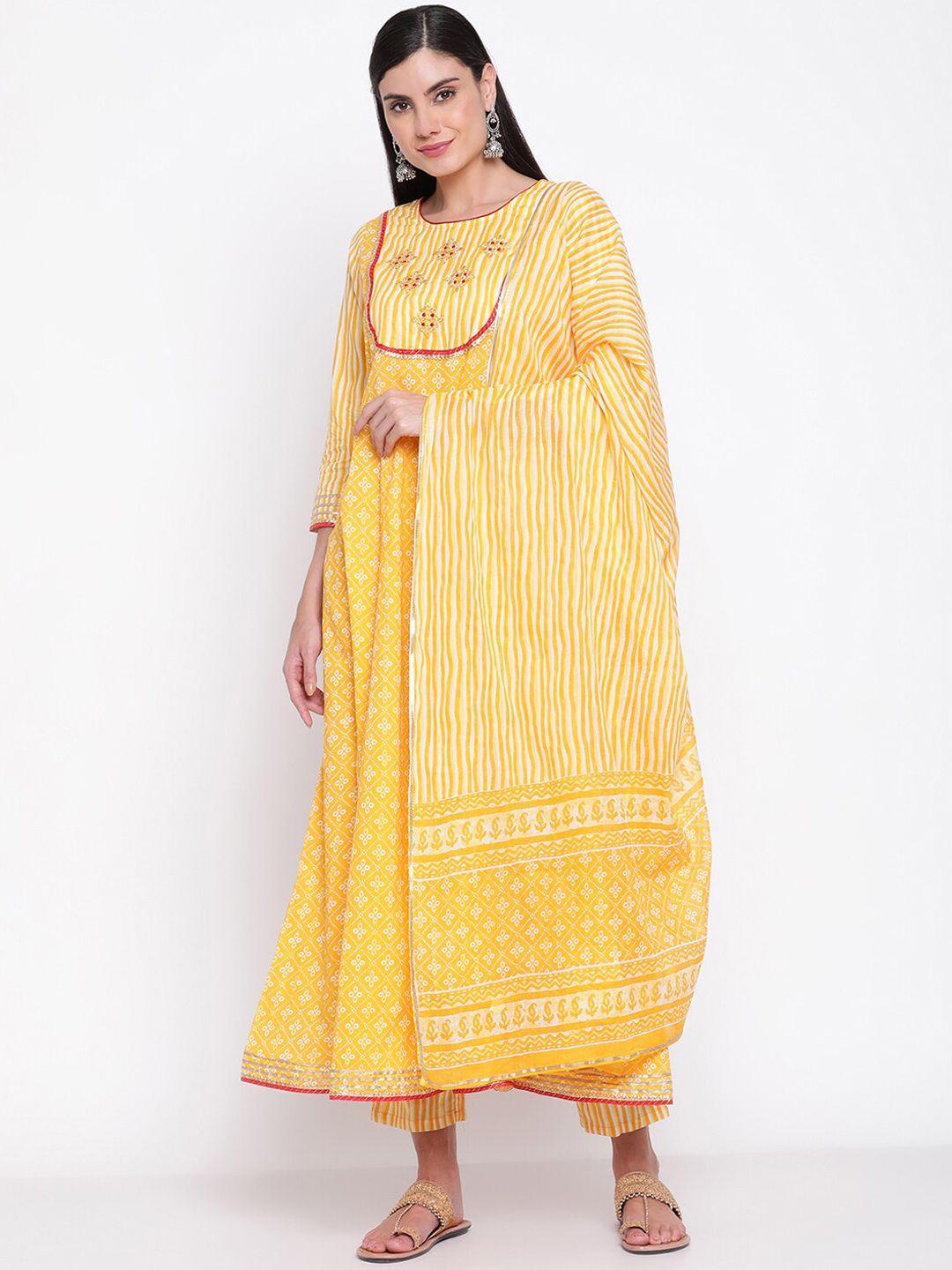 be indi women yellow ethnic motifs printed thread work pure cotton kurta with trousers