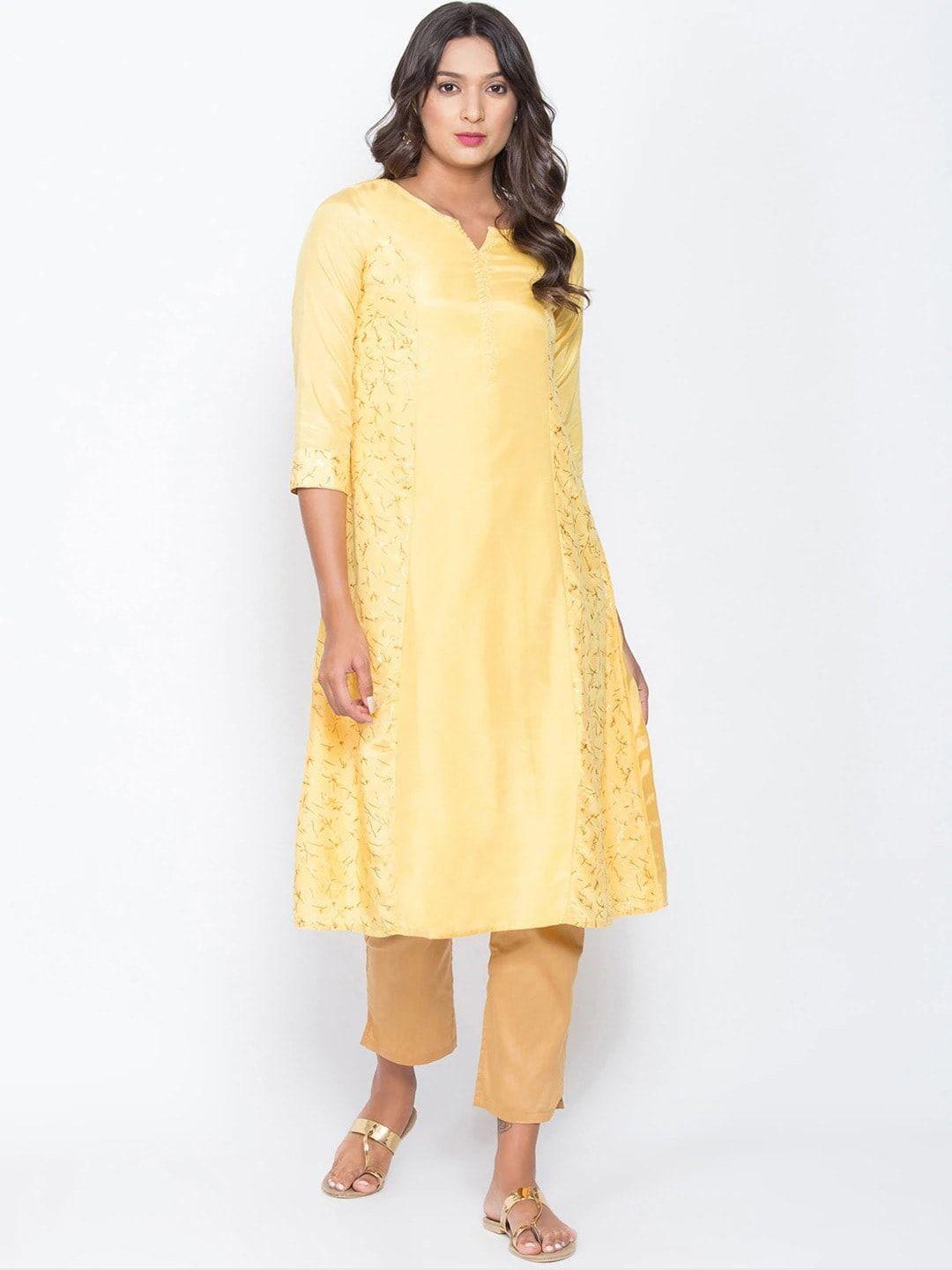 be indi women yellow foil printed and solid princess design kurta