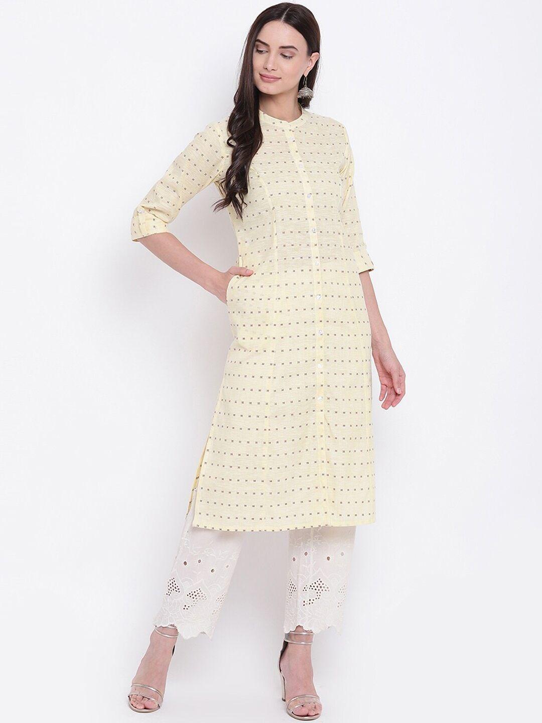 be indi women yellow geometric embroidered keyhole neck thread work kurta