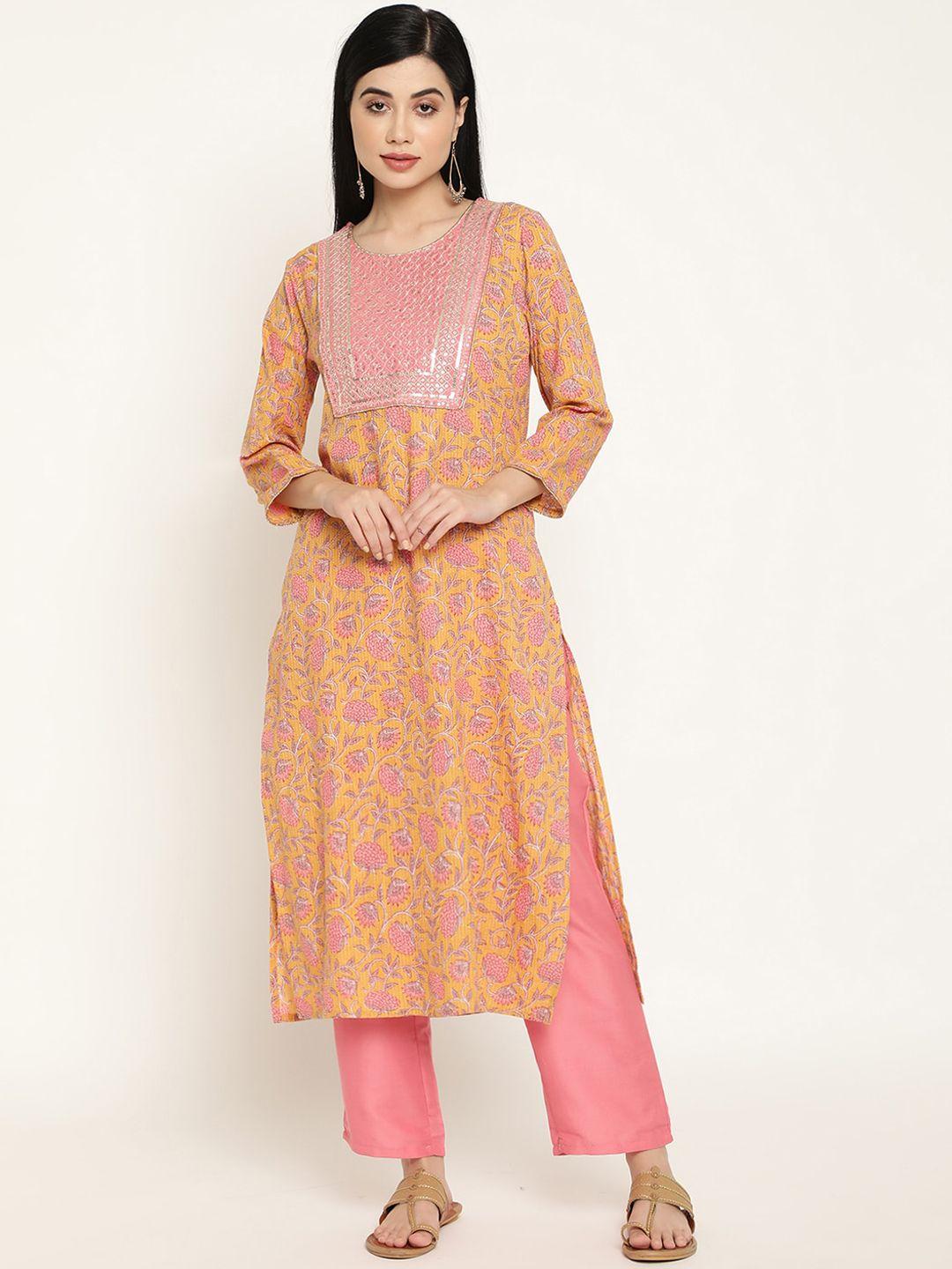 be indi women yellow printed pure cotton kurta with trousers