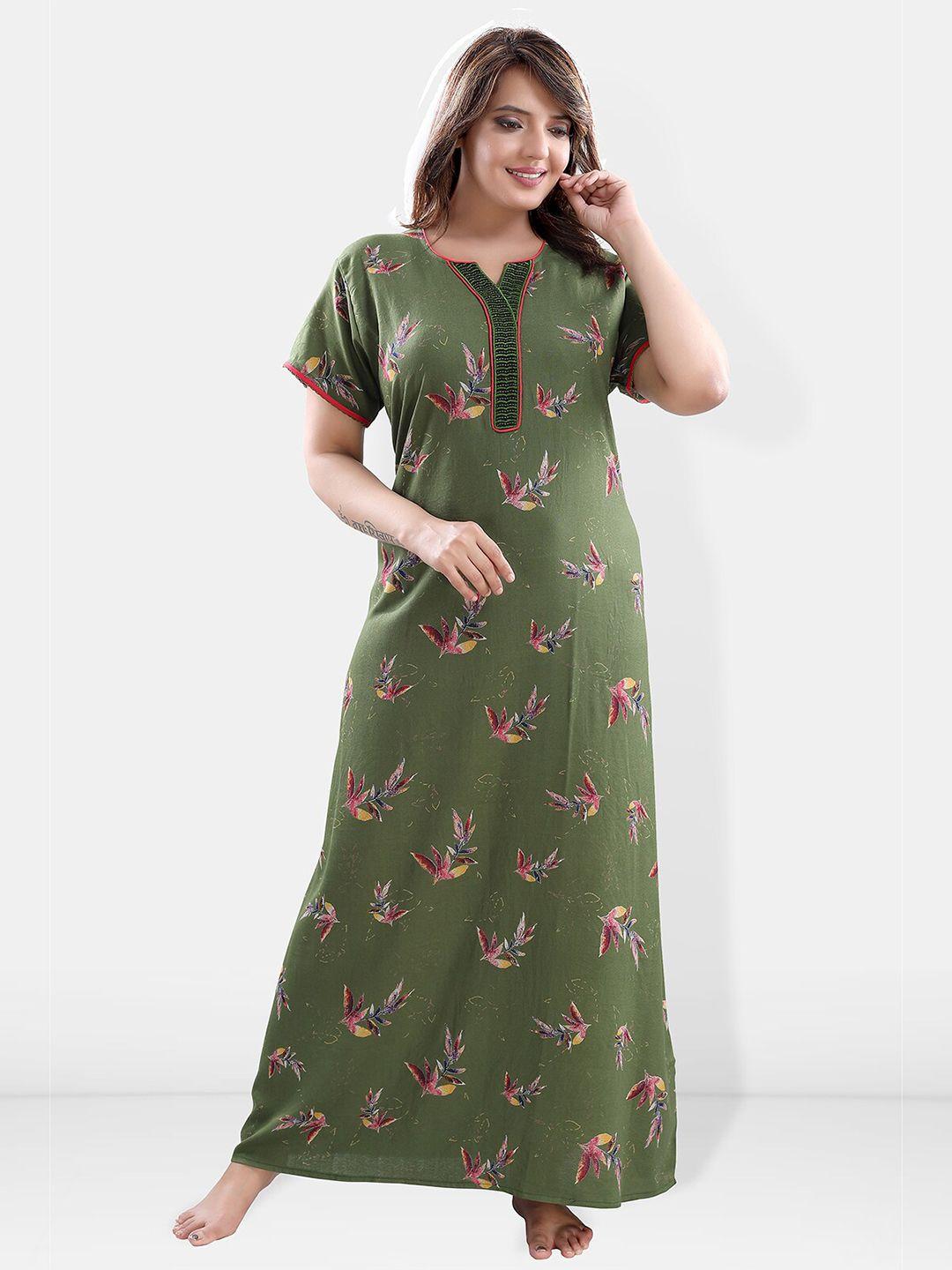 be you olive green printed maxi nightdress