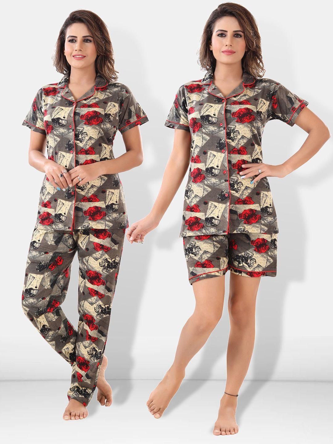 be you women brown & red printed lapel collar night suits
