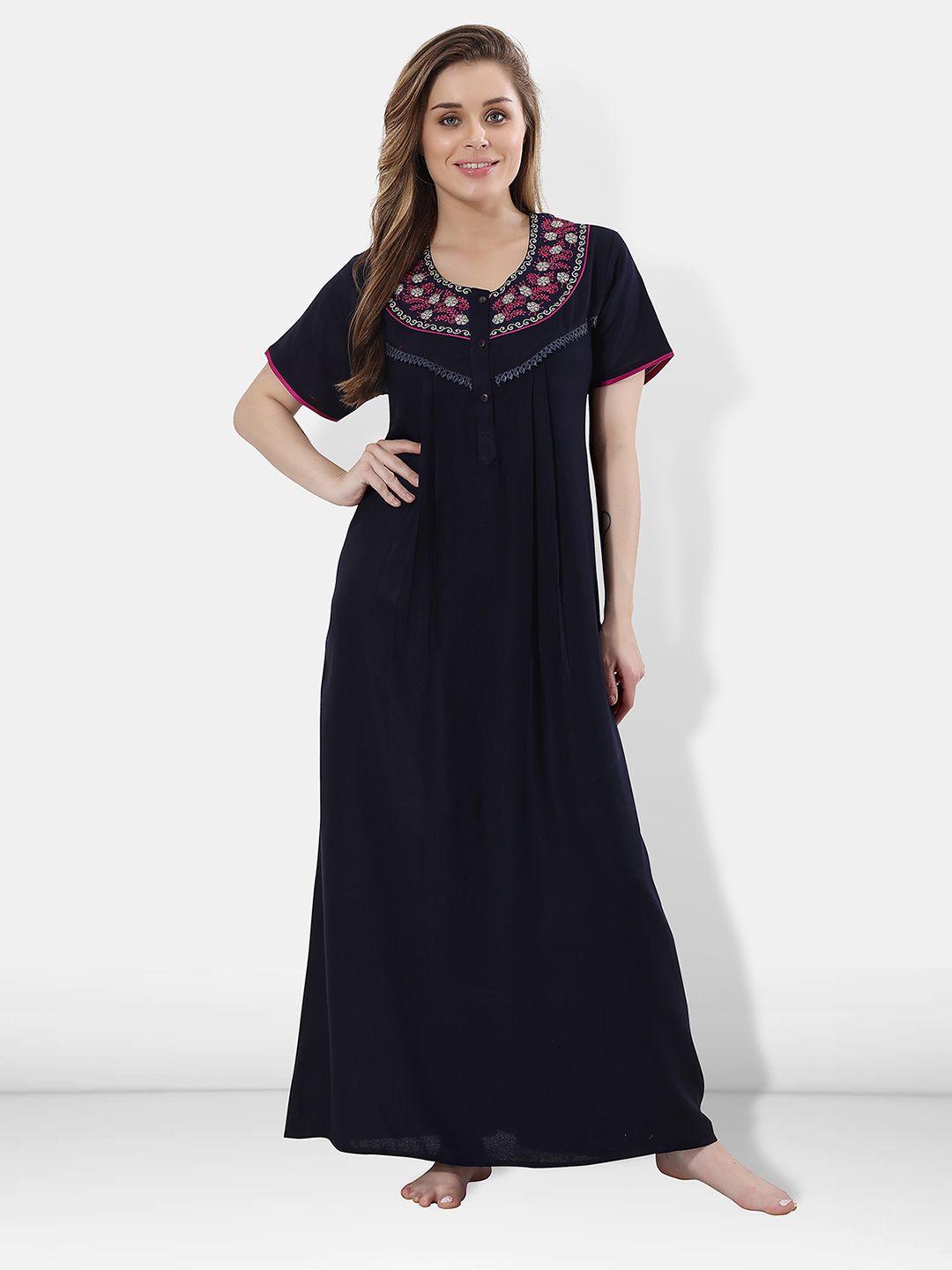 be you women navy blue embroidered maxi nightdress