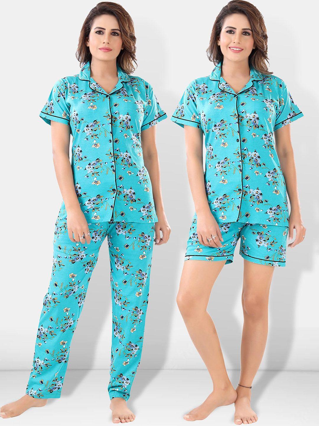 be you women turquoise blue & green printed pajama & shorts with shirt night suits