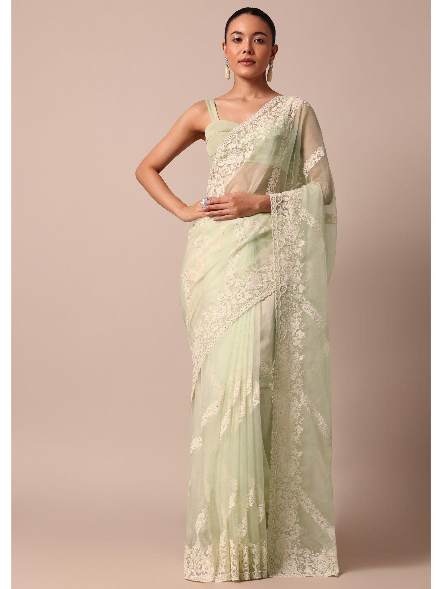 bead work pista green organza silk chikankari saree with unstitched blouse piece