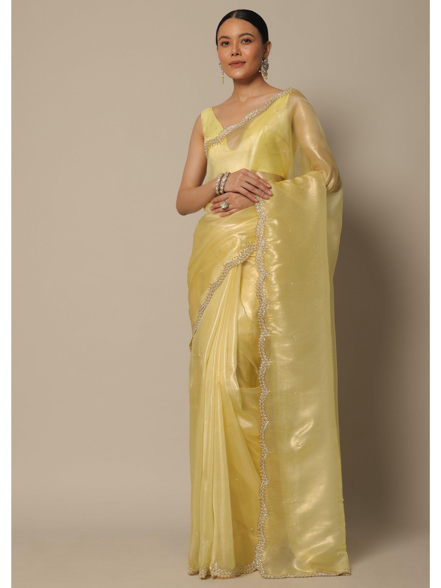 bead work yellow tissue silk saree with unstitched blouse piece