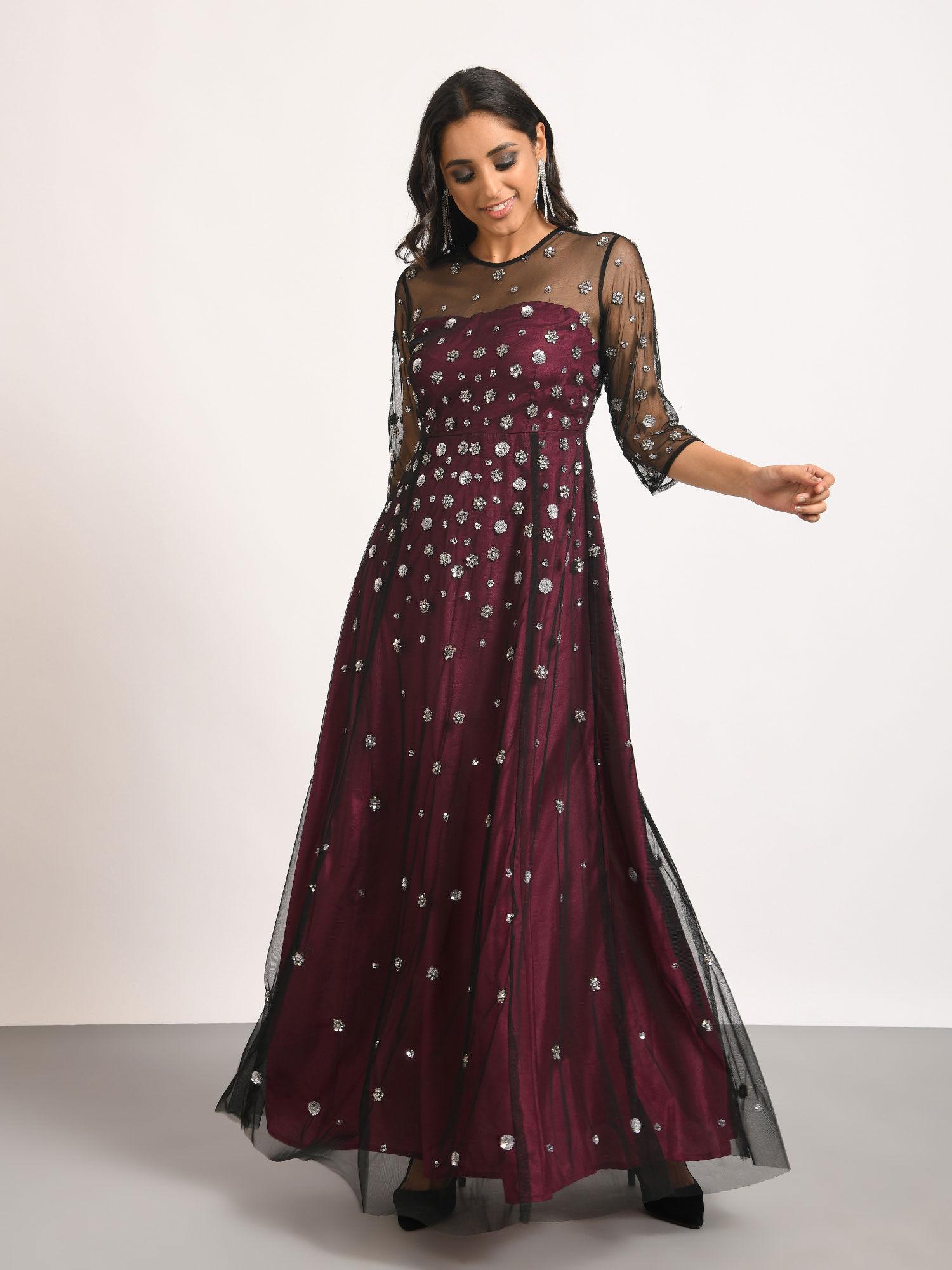 beaded tulle gown with wine lining