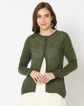 beaded pointelle-knit cardigan