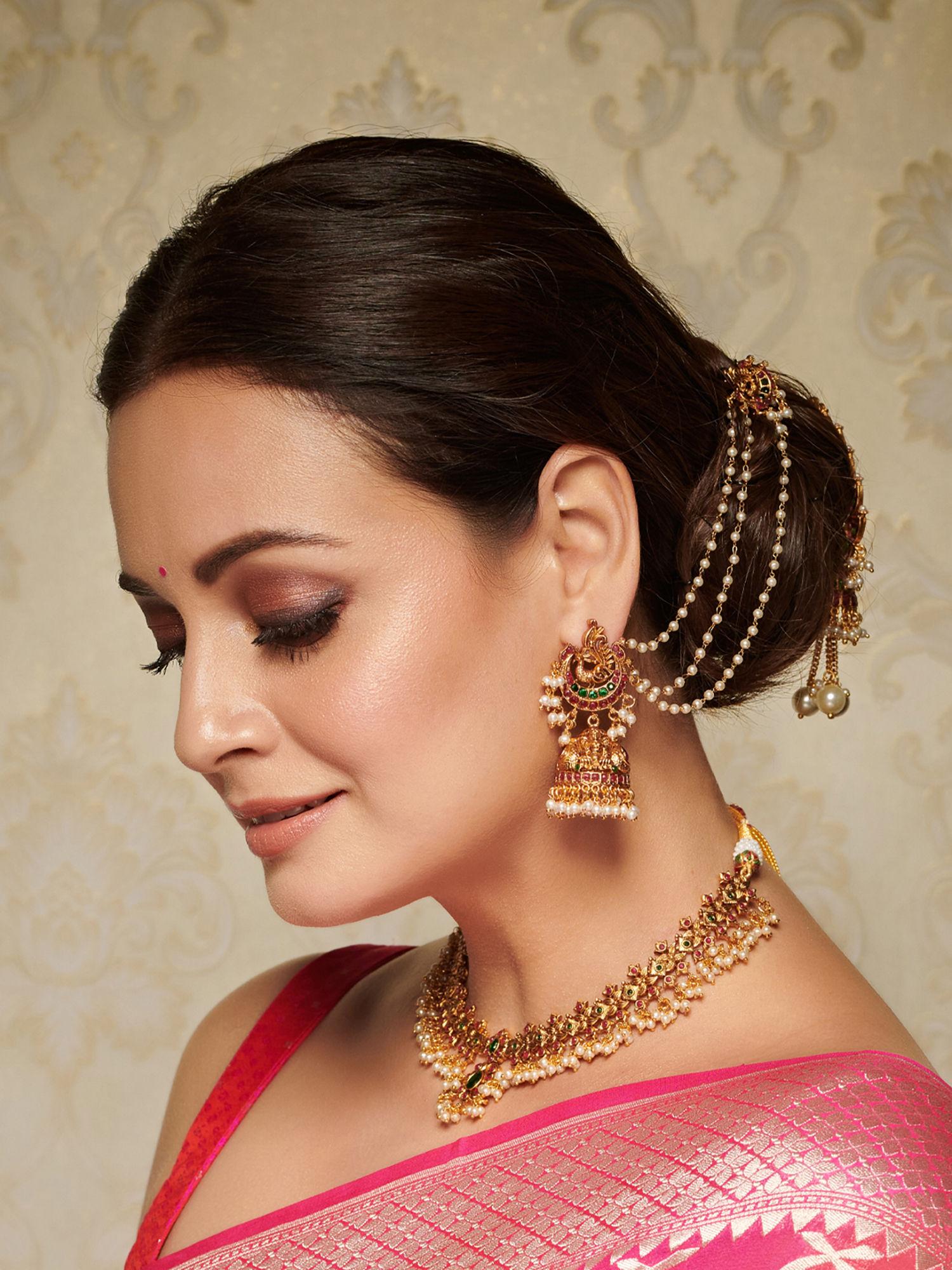 beads stones gold plated peacock chained jhumka earring