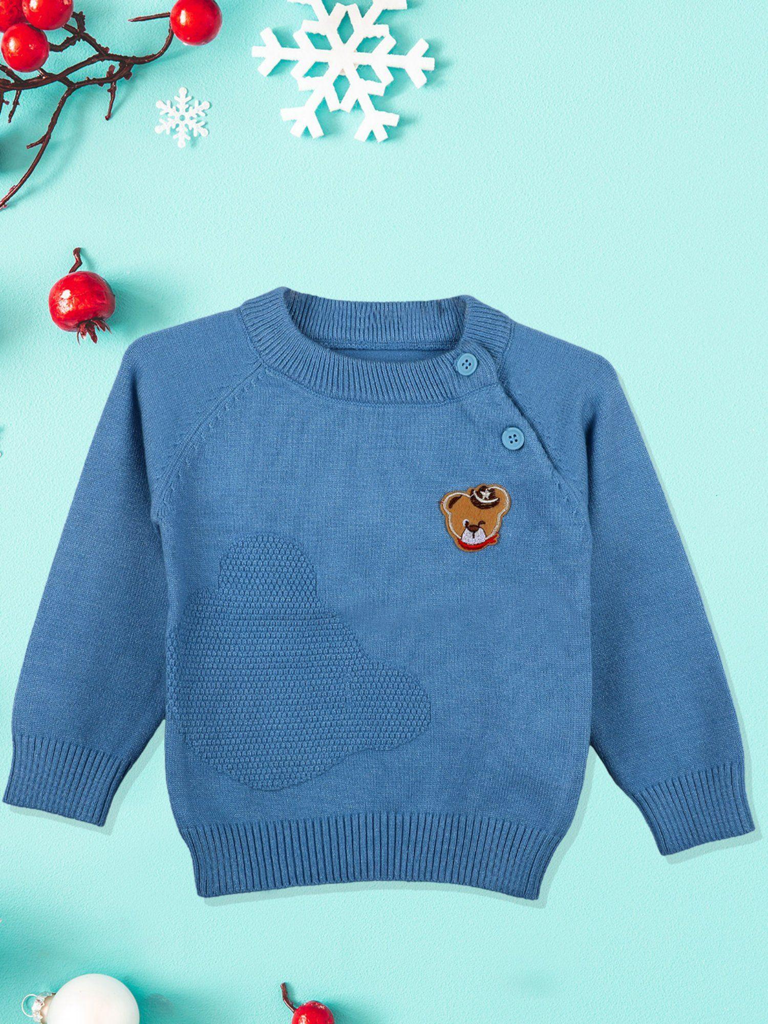 bear embroidery premium full sleeves knitted sweater blue