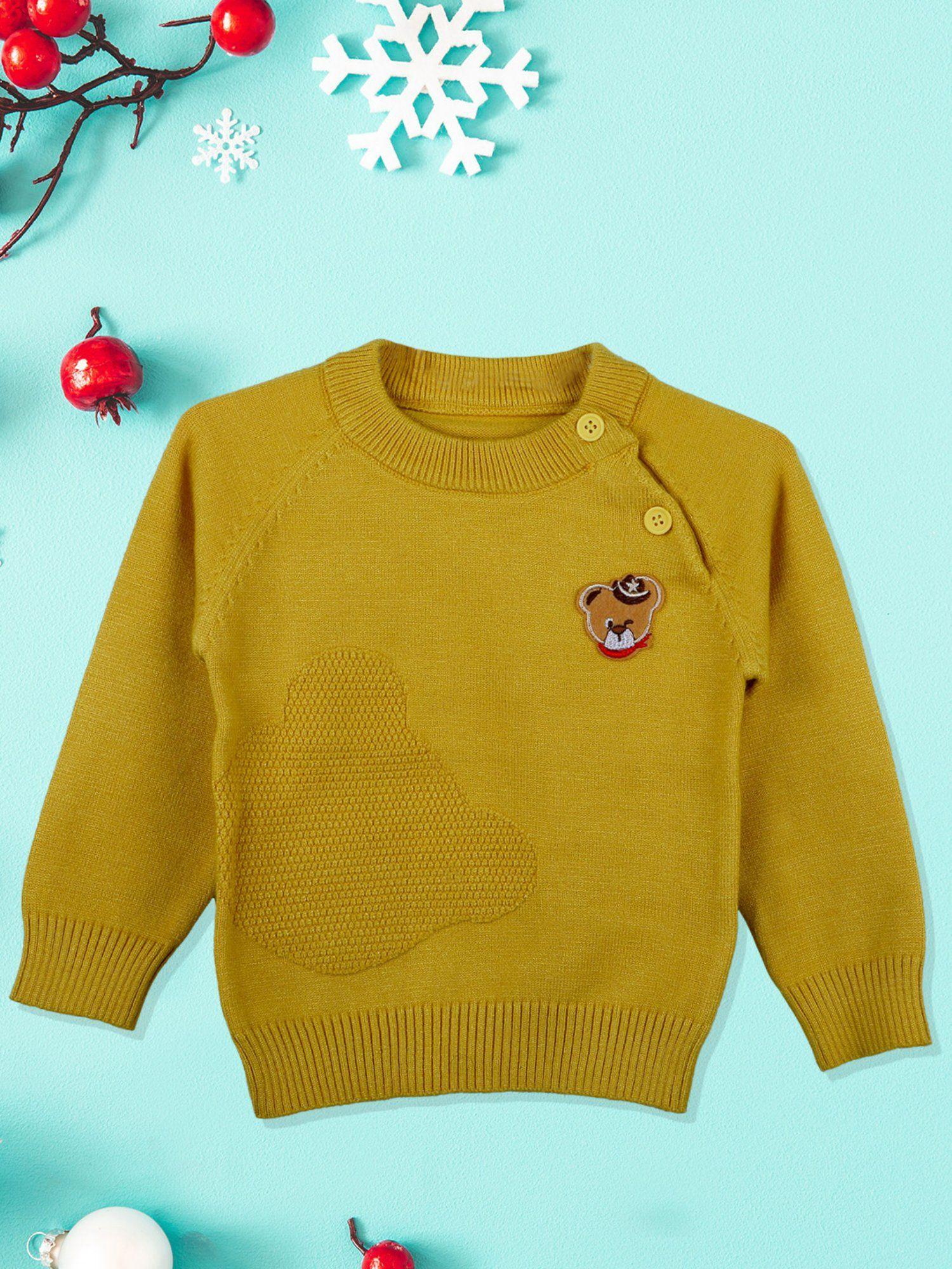 bear embroidery premium full sleeves knitted sweater mustard