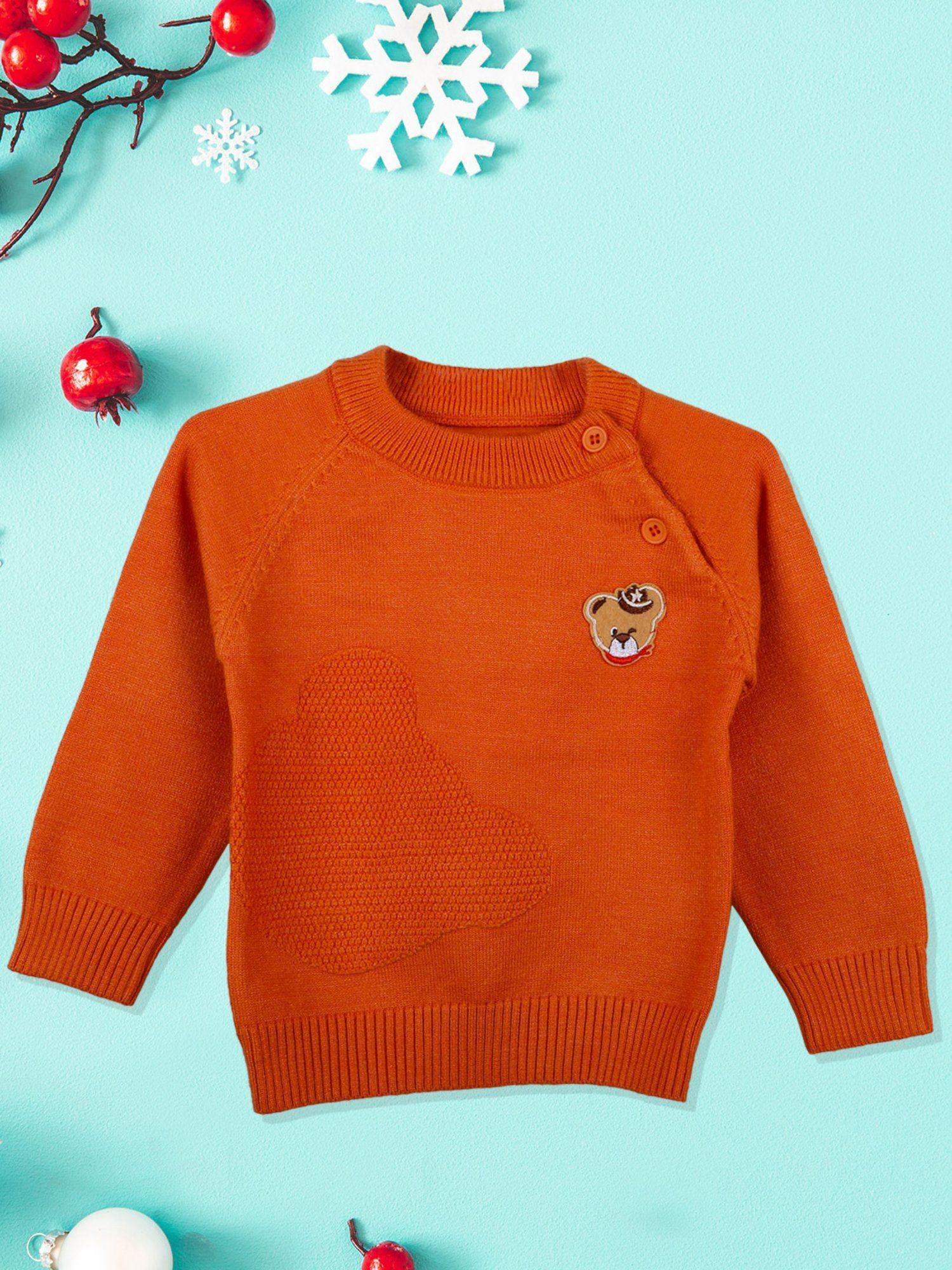 bear embroidery premium full sleeves knitted sweater orange
