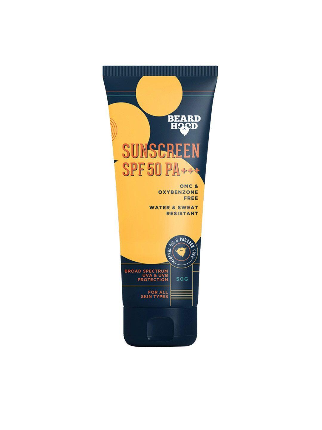 beardhood spf 50 pa+++ omc & oxybenzone free water & sweat resistant sunscreen 50g