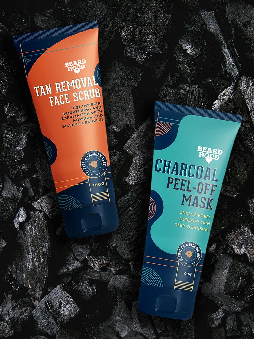 beardhood unisex tan removal scrub & charcoal peel off mask combo 200 gm