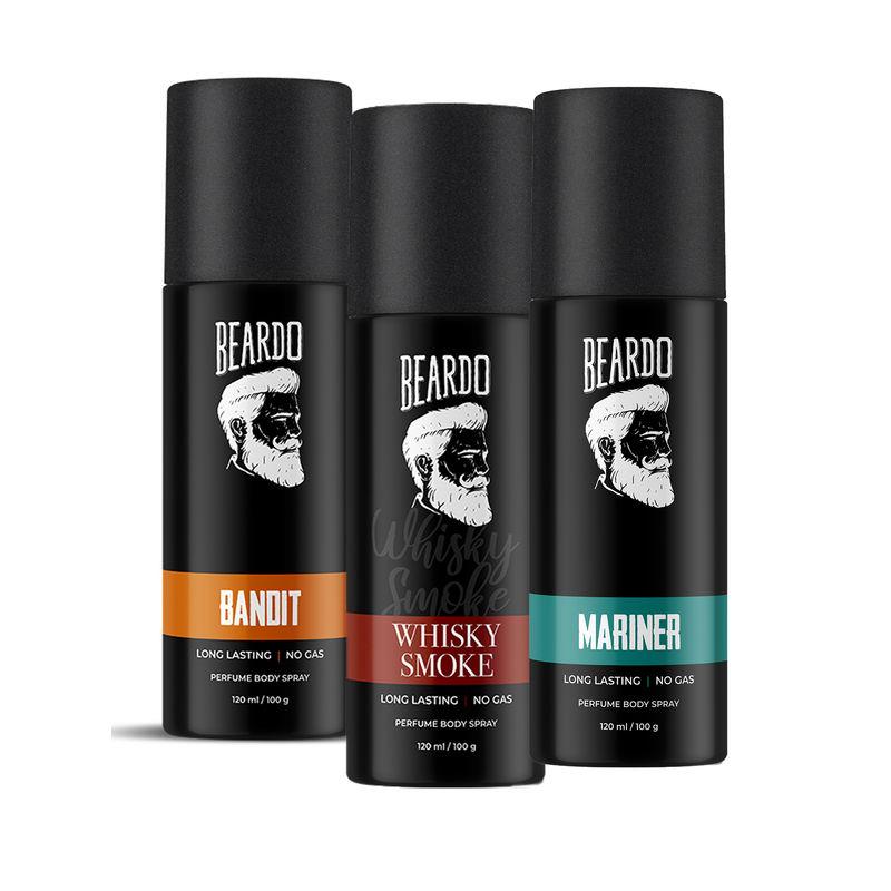beardo bandit perume with whisky somke & mariner long lasting perfume body spray combo (pack of 3)