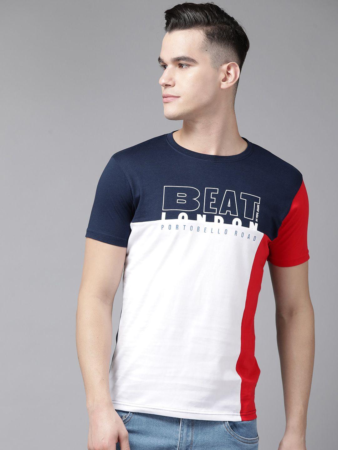 beat london by pepe jeans colourblocked pure cotton slim fit nautical t-shirt