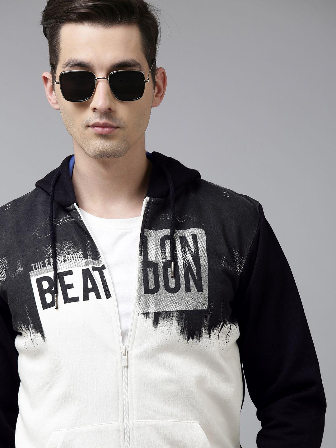 beat london by pepe jeans men black & white brand logo printed hooded sweatshirt