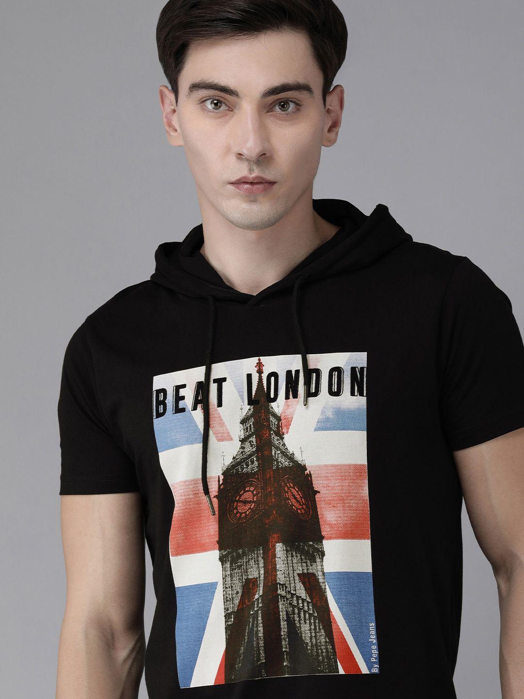 beat london by pepe jeans men black printed casual hooded t-shirt