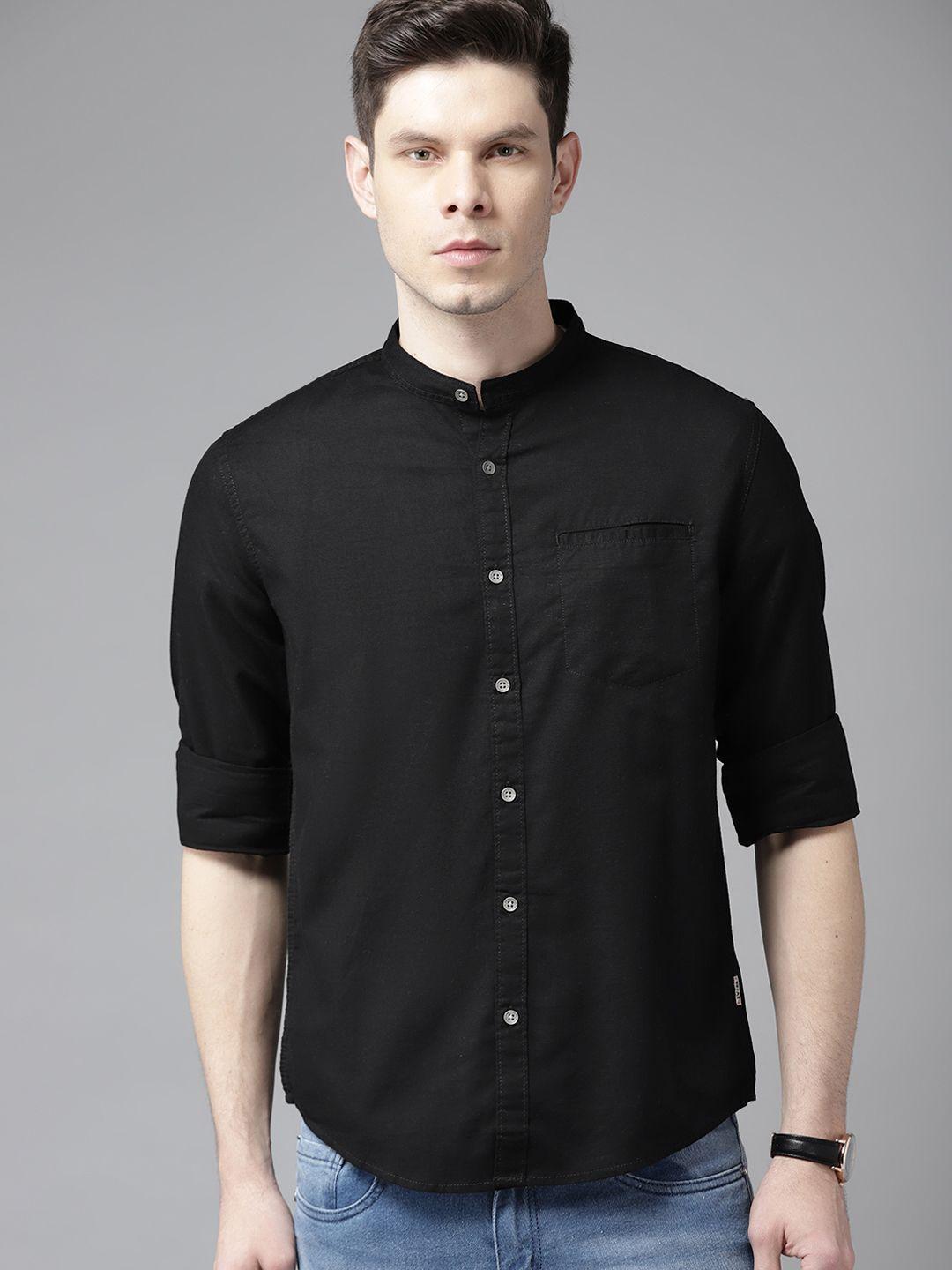 beat london by pepe jeans men black pure cotton solid slim fit casual shirt