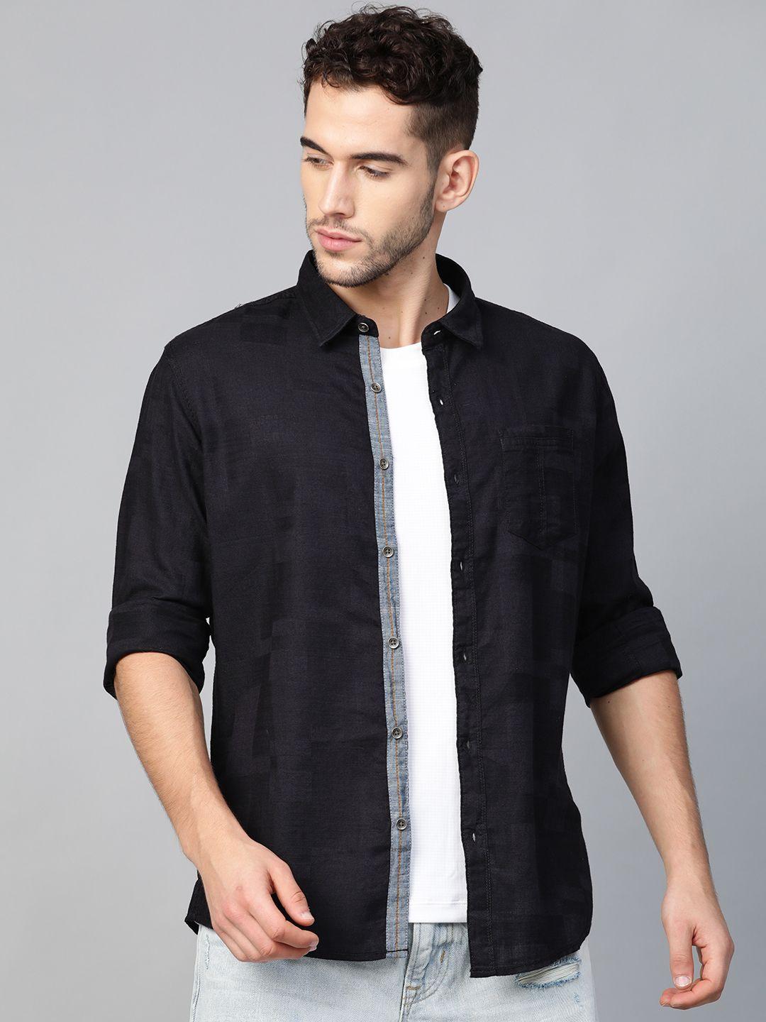 beat london by pepe jeans men black slim fit self-checked casual shirt