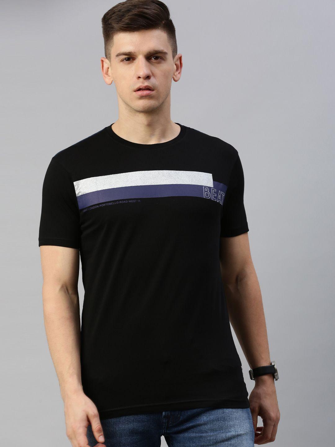 beat london by pepe jeans men black striped round neck pure cotton t-shirt