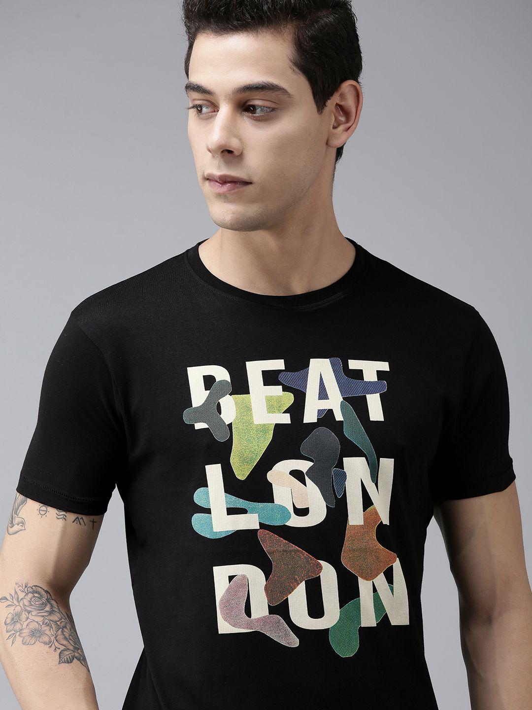 beat london by pepe jeans men black typography printed pure cotton slim fit t-shirt