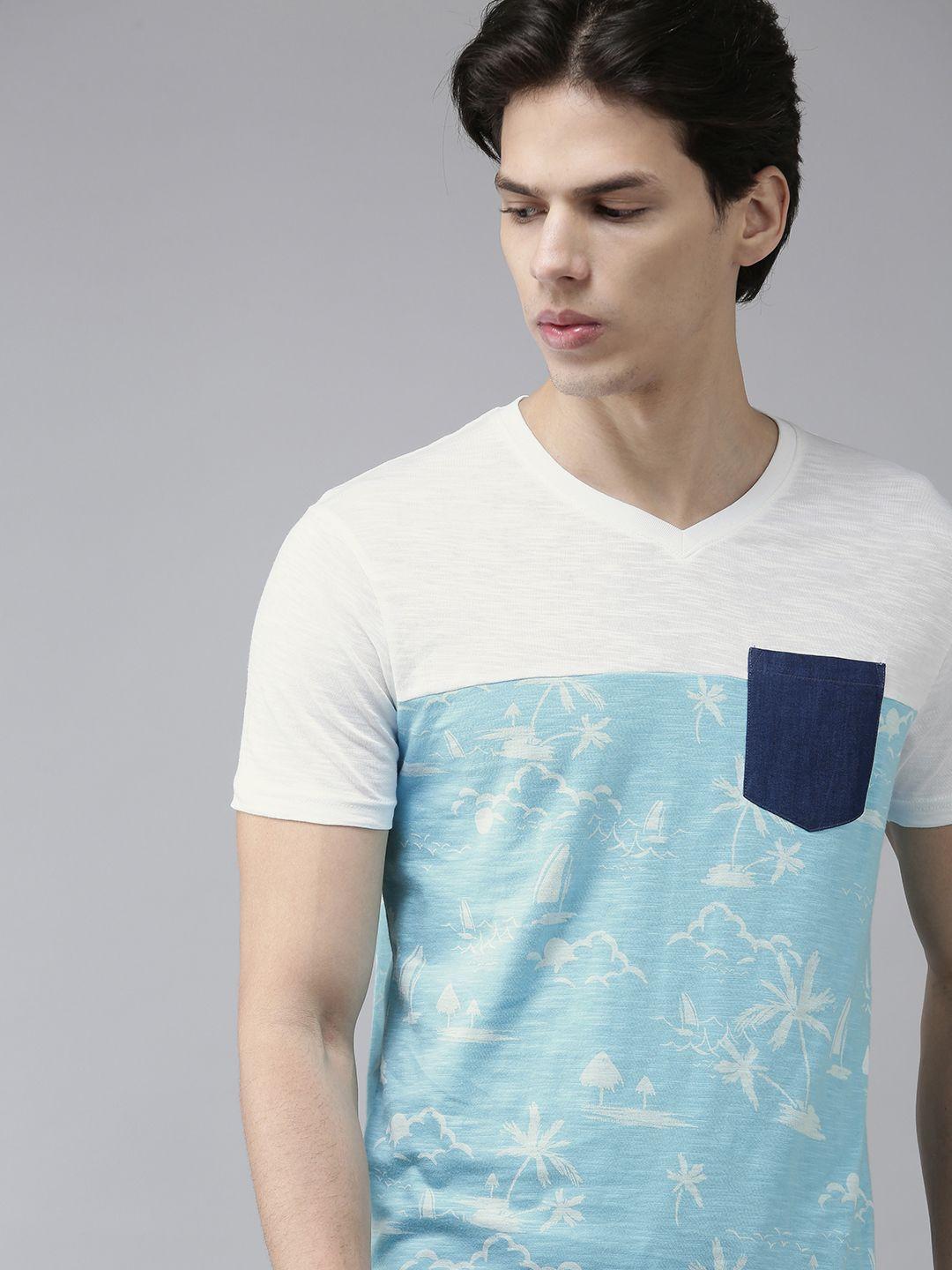 beat london by pepe jeans men blue & white printed t-shirt