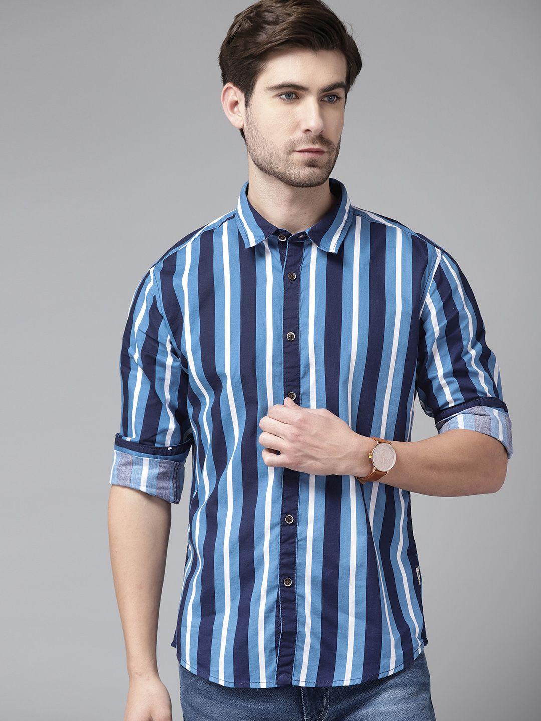 beat london by pepe jeans men blue & white pure cotton slim fit striped casual shirt