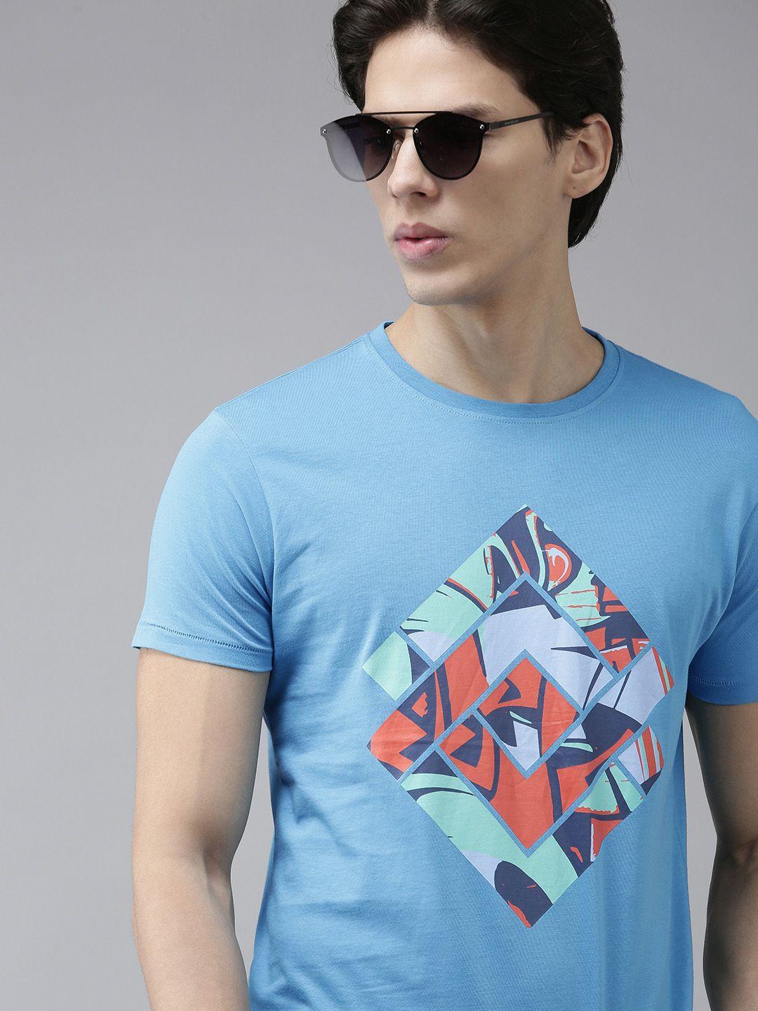 beat london by pepe jeans men blue  orange printed pure cotton t-shirt