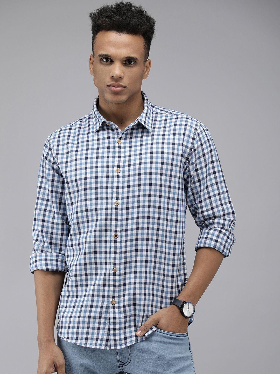beat london by pepe jeans men blue and white classic slim fit checked pure cotton shirt