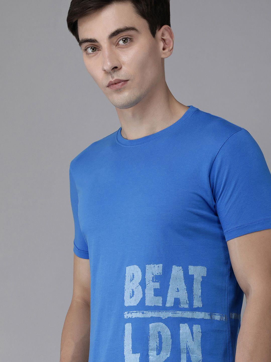 beat london by pepe jeans men blue brand logo printed cowl neck slim fit t-shirt