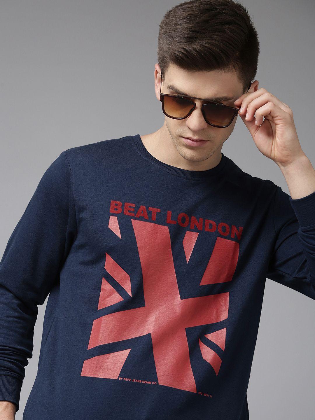 beat london by pepe jeans men blue brand logo printed sweatshirt