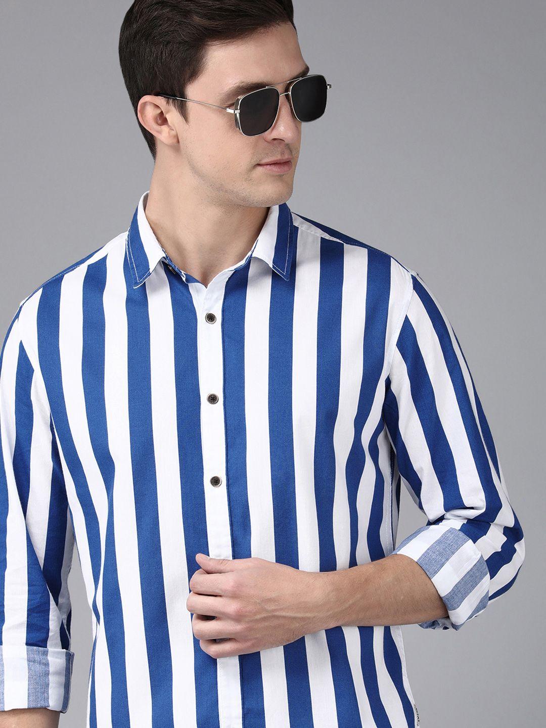 beat london by pepe jeans men blue classic slim fit striped casual shirt