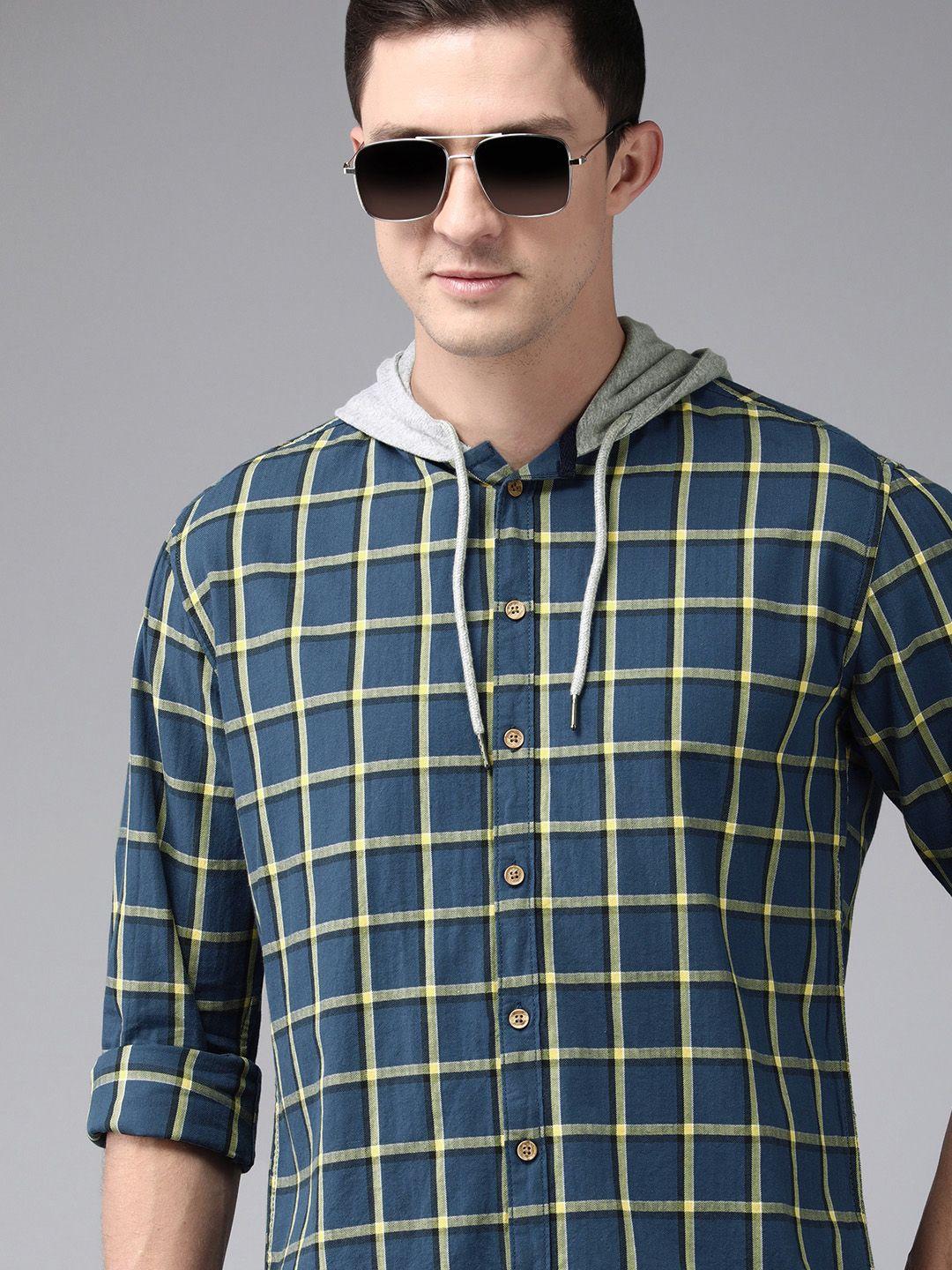 beat london by pepe jeans men blue classic slim fit windowpane checks opaque hooded shirt