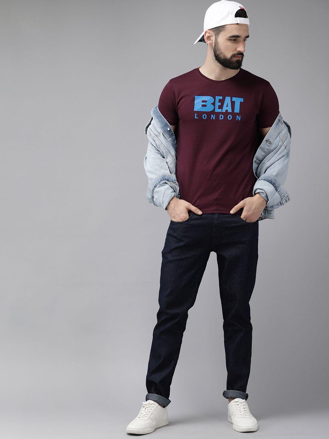 beat london by pepe jeans men burgundy brand logo printed pure cotton slim fit t-shirt