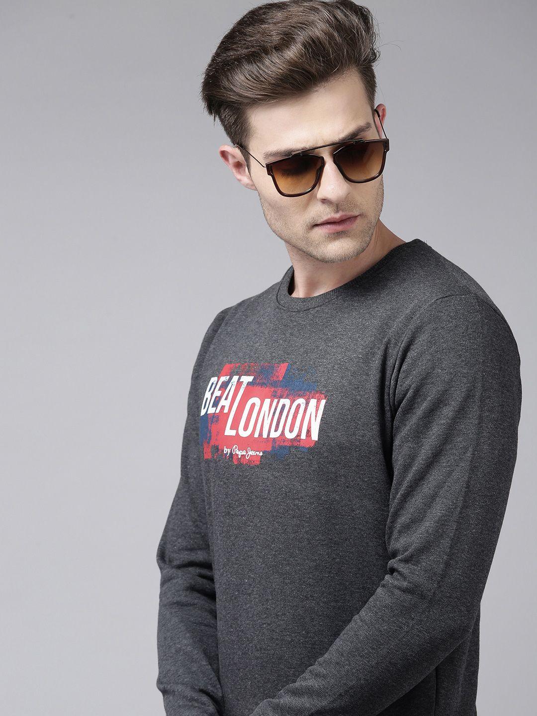 beat london by pepe jeans men charcoal grey & white printed sweatshirt