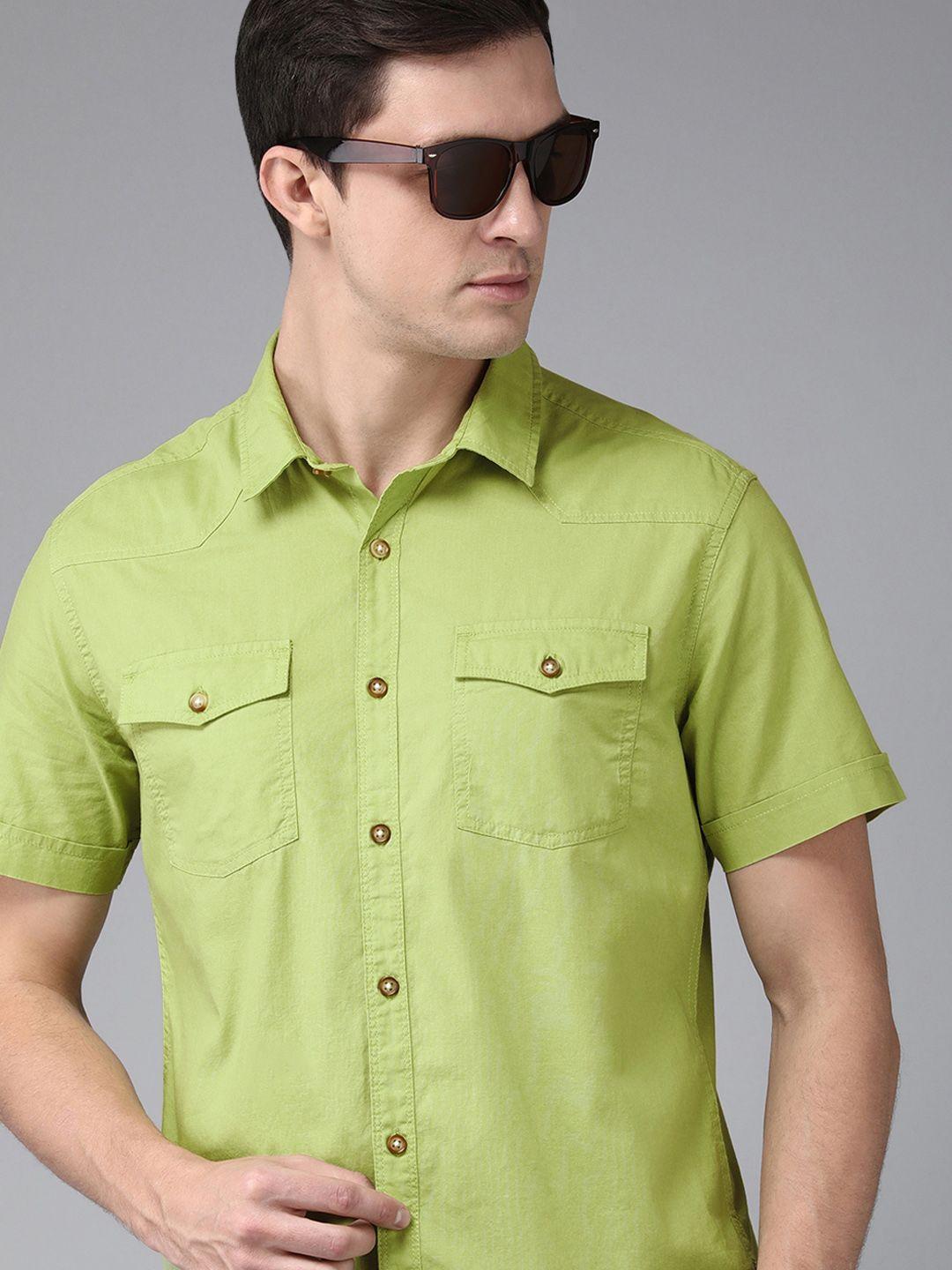 beat london by pepe jeans men green classic slim fit casual shirt