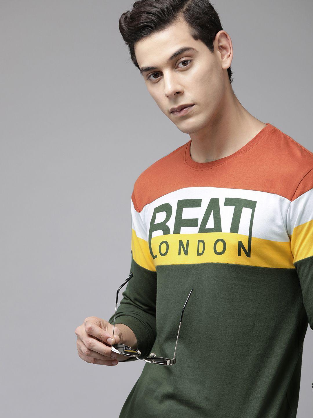 beat london by pepe jeans men green colourblocked slim fit pure cotton t-shirt