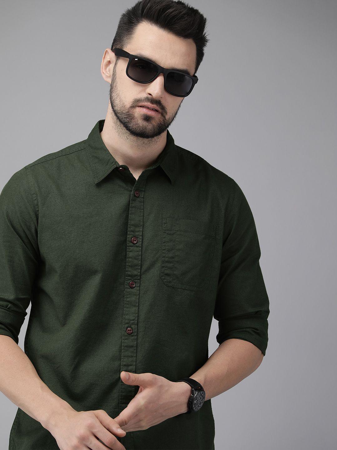 beat london by pepe jeans men green slim fit solid pure cotton casual shirt