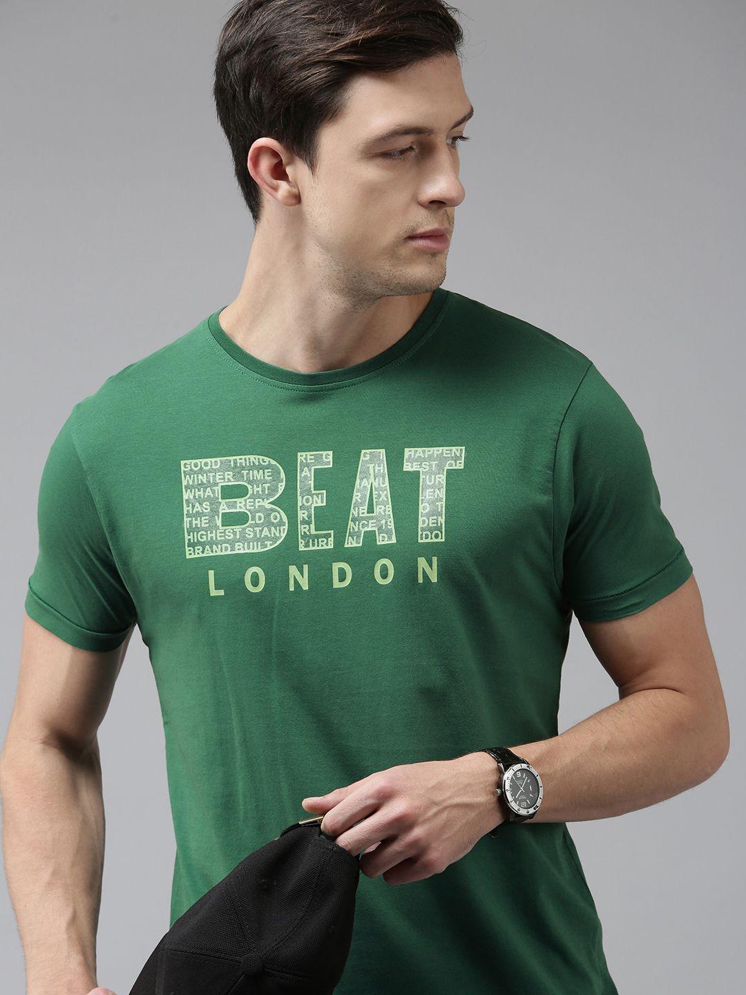 beat london by pepe jeans men green typography printed slim fit pure cotton t-shirt