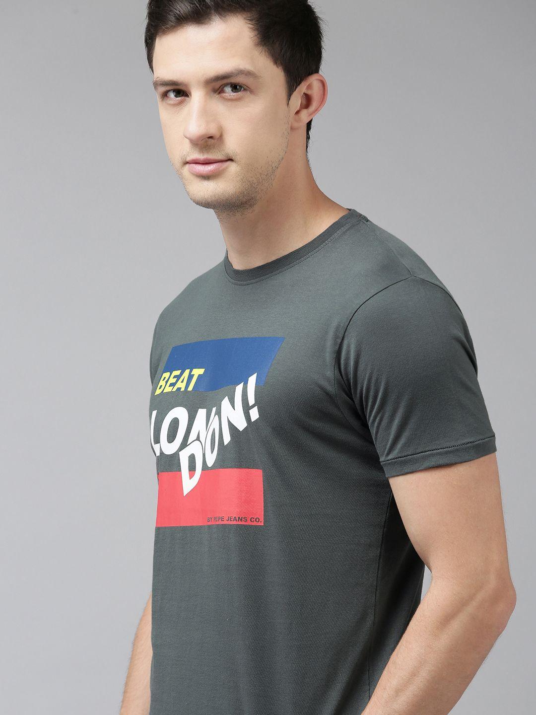 beat london by pepe jeans men grey pure cotton slim fit pure cotton t-shirt