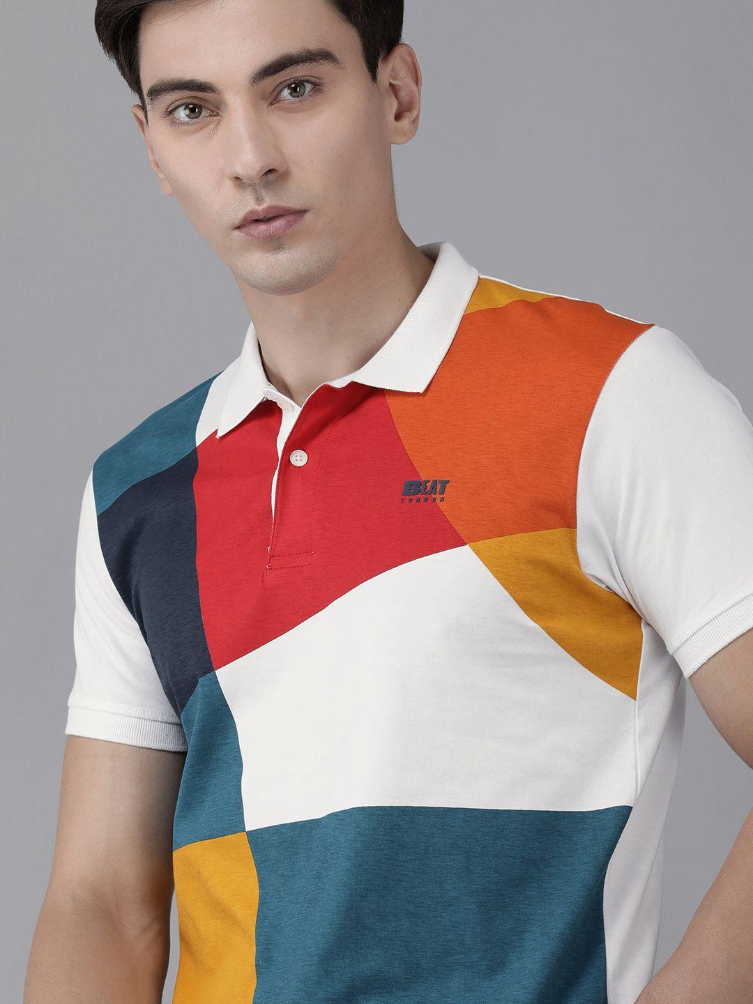 beat london by pepe jeans men multicoloured colourblocked polo collar pure cotton t-shirt